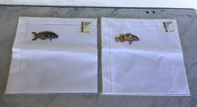 2 SIECLE PARIS French Linen Dinner Napkins Fish Embroidery From Saks Fifth Ave