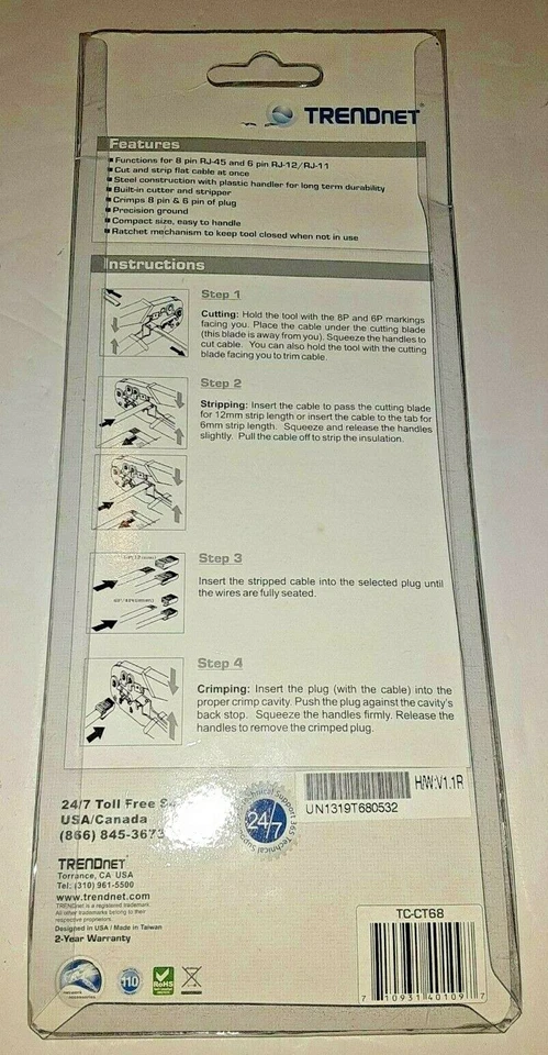 TRENDnet Crimping Tool 8P/Rj-45 & 6P/Rj-12 Rj-11 Crimp Cut & Strip Tool TC-CT68 - Image 3 of 3
