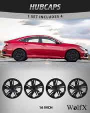 16" Snap On Black Set of 4 Wheel Covers Hubcaps for 2016-2024 Honda Civic Sedan