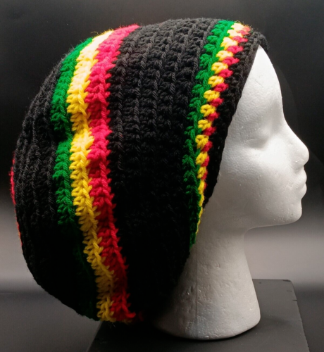 Handmade Crocheted Reggae Dreadlocks Tam Beret RASTA Colors on Black Hat