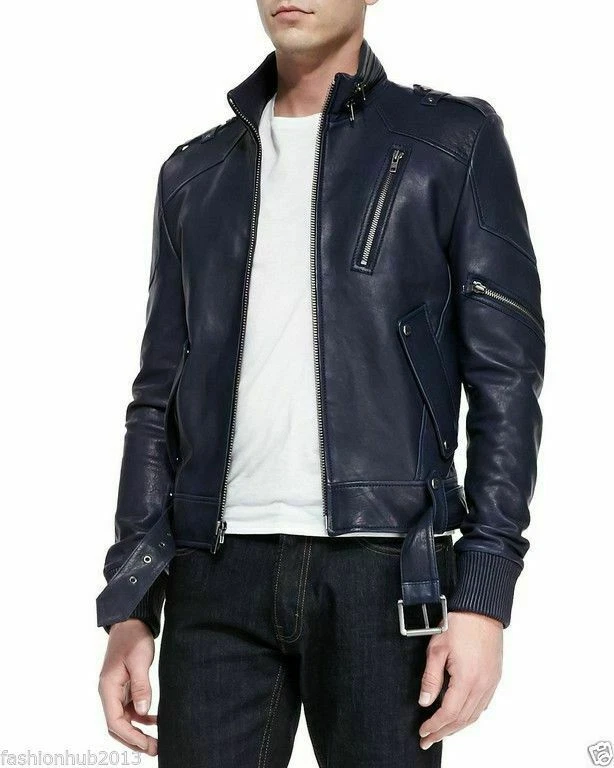 NOORA MEN'S SLIM-FIT RACER BIKER MOTORCYCLE RETRO NAVY BLUE COLOR LEATHER JACKET