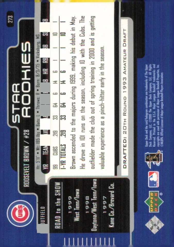 2000 Upper Deck #273 Roosevelt Brown Chicago Cubs Baseball Card - Image 2 of 2