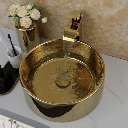 16x6" Bathroom Ceramic Vessel Sinks Round Gold Basin Bowl Combo Faucet Drain Set - Picture 3 of 12