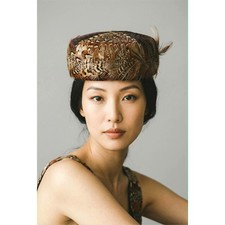 Vtg 1950s Pheasant Feather Pillbox Hat Brown Cocktail Millinery Satin Lined EUC 