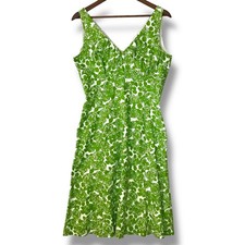 Boden 12R Green White Floral Rose Print Sleeveless Midi 100% Cotton A Line Dress