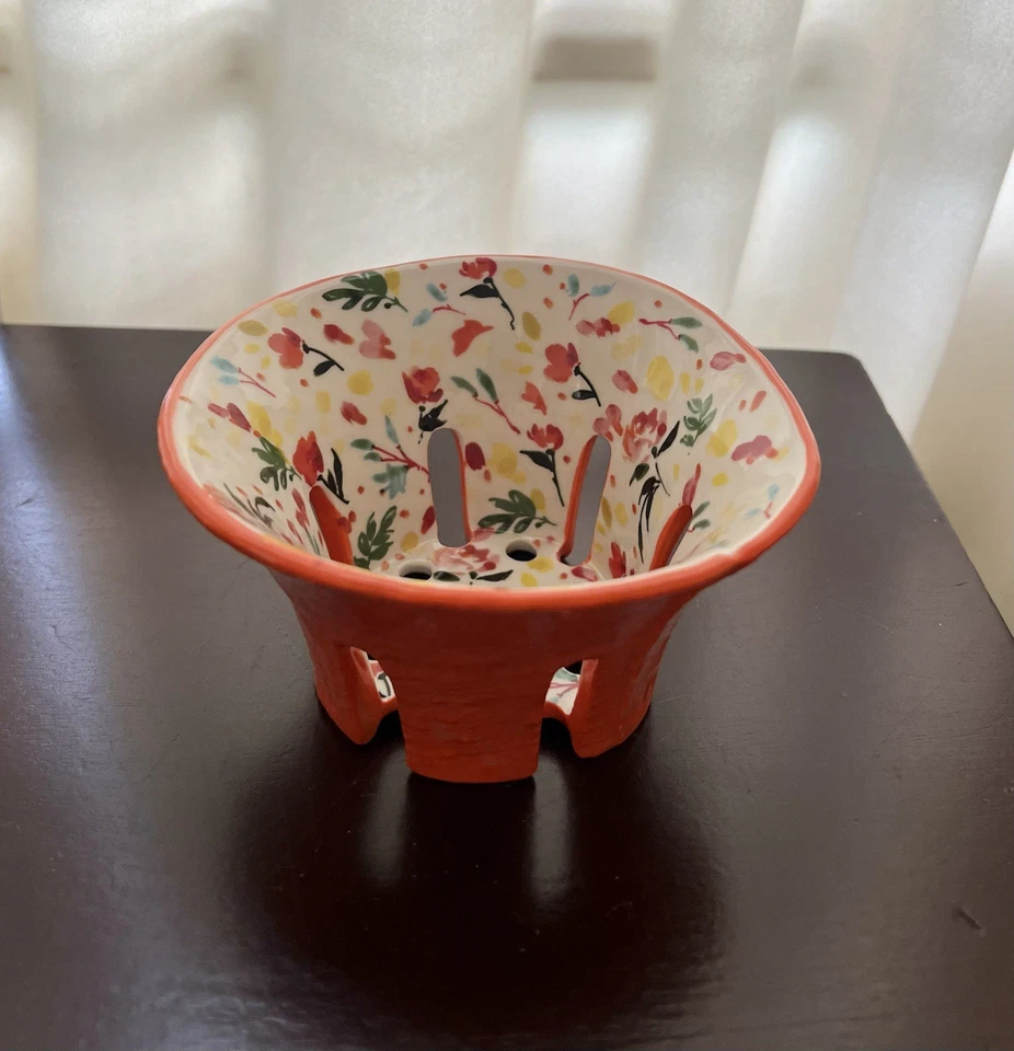 Anthropologie Цветочный апельсиновый керамогранит Ягодная корзина / Шаршлинговая чаша для фруктов - Изображение 3 из 4