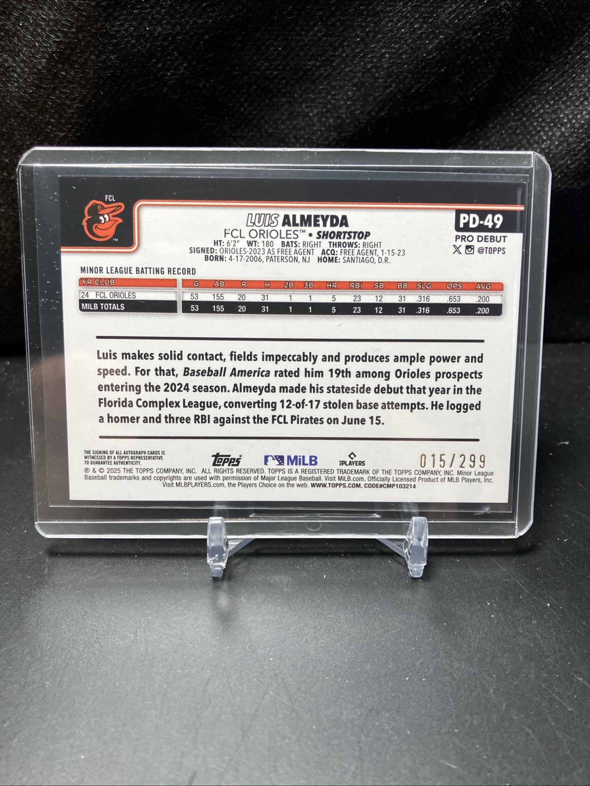 Pd 49 2025 Topps Pro Debut - Luis Almeyda #PD-49 Purple Foil Autographs /299 ...