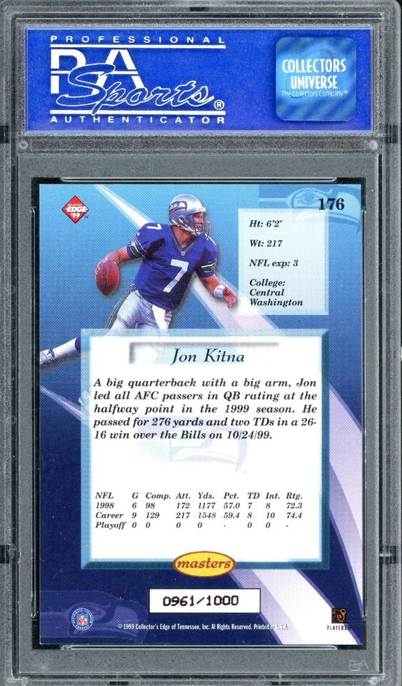 1999 Collector's Edge Masters - Jon Kitna #176 Galvanized /1000 PSA 9 - Image 2 of 2