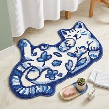 Blue Delft Cat Rug Cute Bathroom Super Absorbent NonSlip Bath Mat Soft Fuzzy