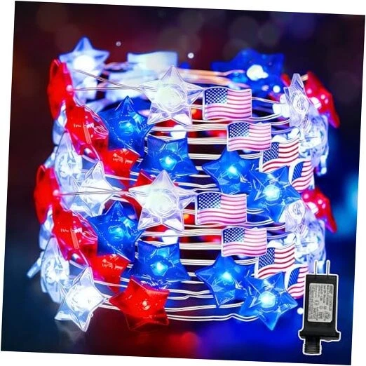 Red White and Blue Patriotic String Lights, 33FT 100 Red White Blue Star Flag