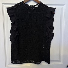 Flat White crochet black Lace Tank shell top S ruffled sleeveless