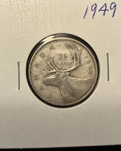 1949 Canada Silver Quarter 25 Cents George VI .800 Fine Caribou Coin F Fine