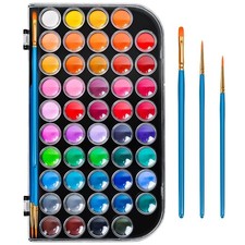 48 Color Solid Watercolor Paint Set with 3 Wooden Brushes - Non-Toxic, Vibran...
