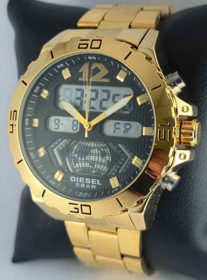 Reloj pulsera de cuarzo de lujo Diesel para hombre analógico-digital esfera negra caja chapada en oro Foto 3 de 4