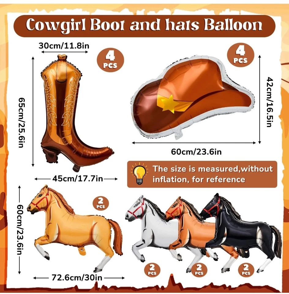 16 Piezas Globos Fiesta Occidental - Caballo, Vaca, Bota de Vaquera, Sombrero de Vaquero Lámina   Foto 2 de 4