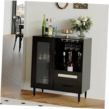  Modern Wine Bar Cabinet with Wine Glass Rack, Glass Door Display and Black