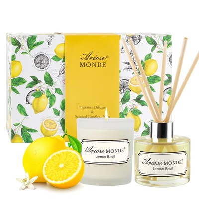 Reed Diffuser & Scented Candle Gift Set, Lemon Basil Oil Diffuser Sticks, Fra...