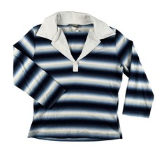 Vintage Rave Shirt Womens Small Blue Striped 3/4 Sleeve Polo Y2K Made In USA 90s