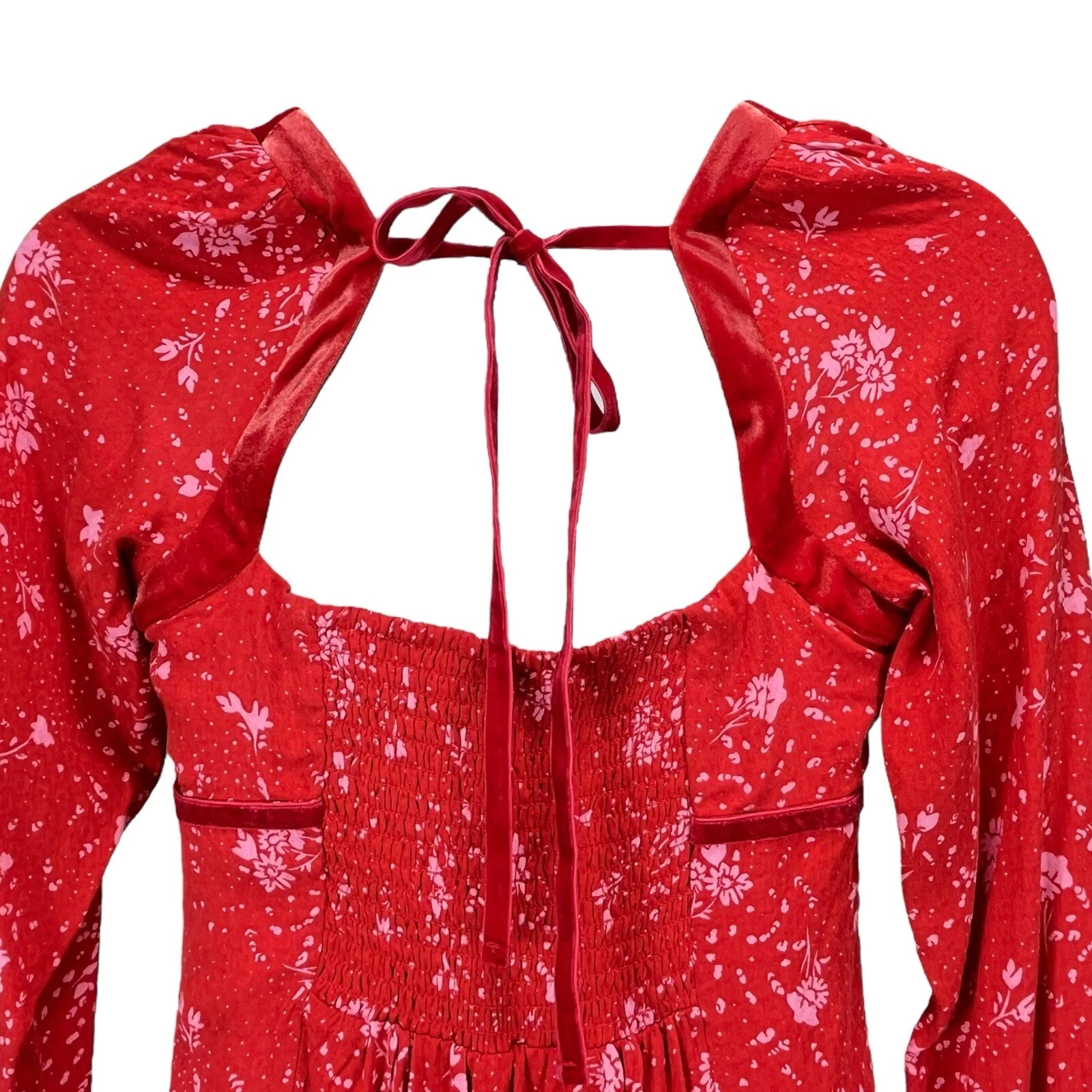 VALENTINO Free People Mini Abito Boho Floreale con Bordo in Velluto Tess Rosso