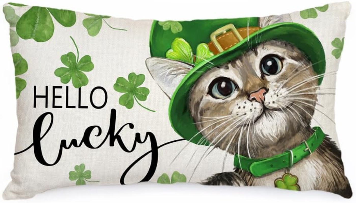 St Patricks Day 12×20 Decorative Cat Clover Lucky Pillow Cover