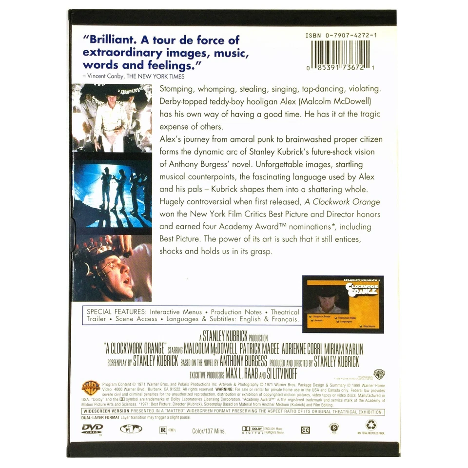A Clockwork Orange (DVD, 1971, Widescreen) Like New ! Malcolm McDowell - Image 2 of 3