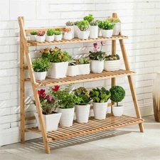 Bamboo Shelf Folding 3 Tier Ladder Book Plant Stand With Hanging Bar Multi Use