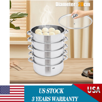 5 Tier Stainless Steel Steam Cooker Steamer Set Pan Cook Pot with Glass Lid