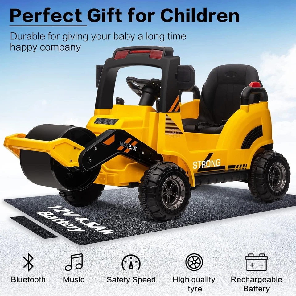 ZEOPHOL 12V Kids Ride-on Toy Road Roller Pretend Play Construction Vehicle Horn - Image 2 of 4