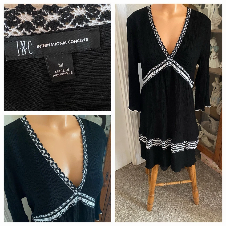 VESTIDO INC BOHEMIO NEGRO GAUZY RAYÓN CON ENCAJE FORRADO TALLA M Foto 2 de 4