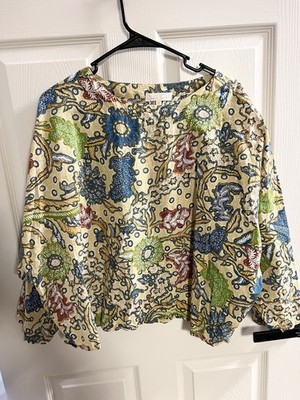 Suzie Kondi Top Womens Medium Yellow Saria Batik Print Boxy 3/4 Sleeve Lagenlook
