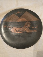 Vintage Handmade Egyptian Copper Plate with Sphinx and Pyramids Engraving