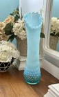 Vintage 16" Fenton Hobnail Blue Opalescent Vase, Swung/ Stretch Bud Vase