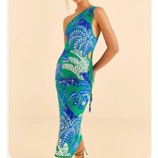 Farm Rio Jungle Panther Print Knit One Shoulder Midi Dress with Cutout | Size M