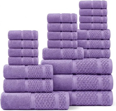 Cotton Bath Towel Set, Purple, 22-Piece with 4 Bath Towels, 6 Hand Towels and 12