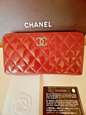 CHANEL Red Quilted Patent Leather Matelassé Long Zip Around Wallet