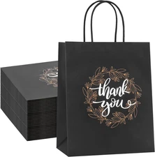 QIELSER Thank You Gift Bags Bulk 50 Pcs 8X4.75X10 Inches Medium Black Kraft Pape