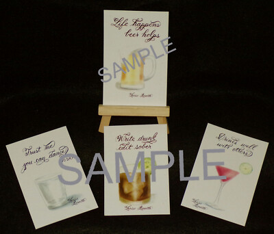 Liquor Alcohol#2 Beer Rum Vodka Cocktail Art Calligraphy Prints Set of 4 w/Easel