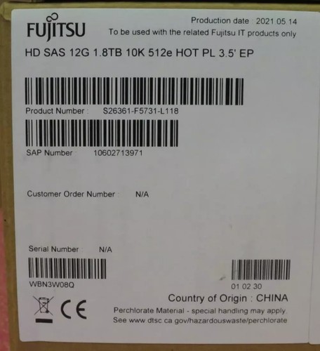 NEW Fujitsu 1.8TB 10K 3.5" SAS 12G 512E HotPlug Hard Drive HDD S26361-F5731-L118 - Picture 5 of 6