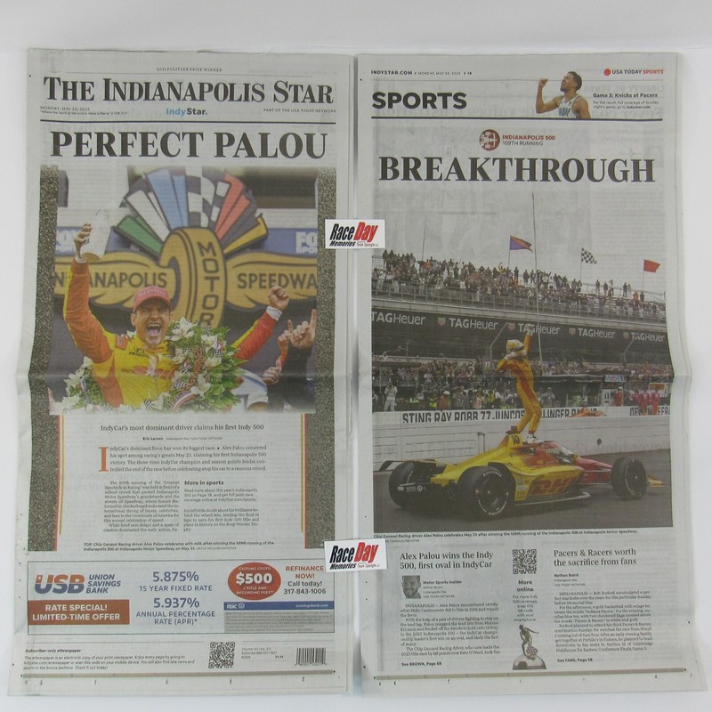 2025 Indy 500 May 25, The Indianapolis Star Newspaper Indy 500 Winner Alex Palou
