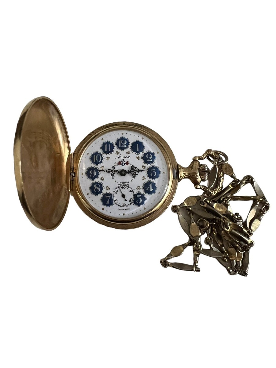Arnex Swiss Enamel on Gilt Metal Engraved Wind-Up Pocket Watch