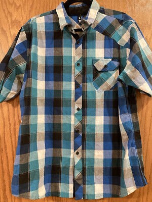 Current Men s Button down Short Sleeve Blue Plaid Shirt, Size L, Cotton