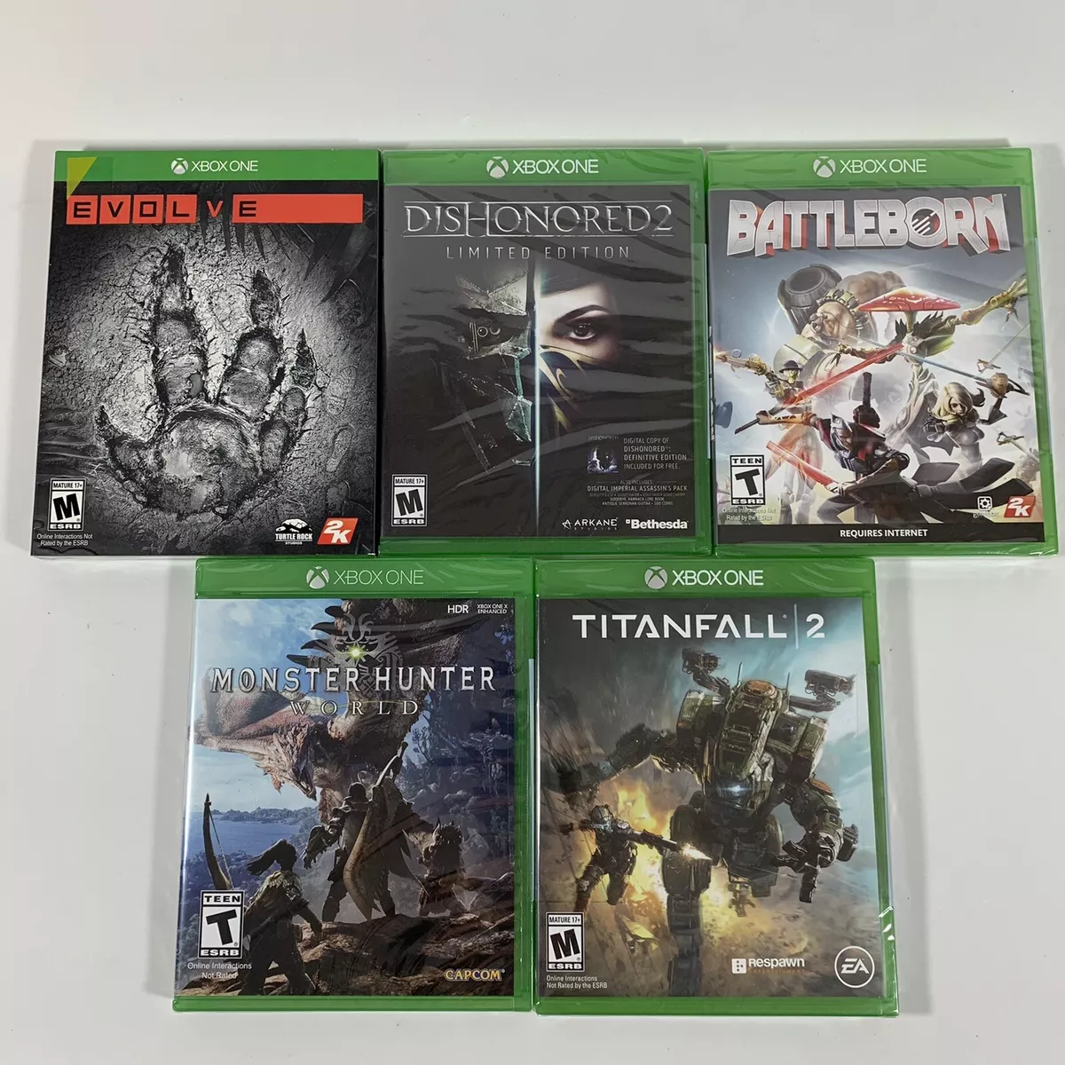 NEW 5 Xbox One Games Lot: Evolve, Dishonored, Battleborn, Monster Hunter,  Titan