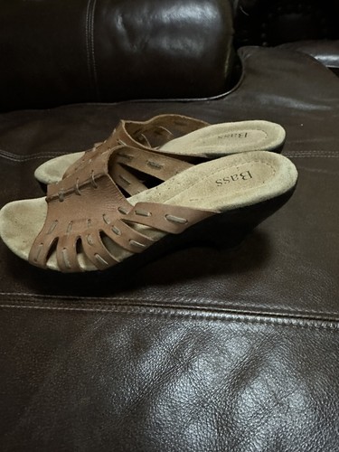 Bass Alder Womens Sandals Brown Leather Wedge Low Block Heel Slip On Slide 6M - Picture 3 of 5