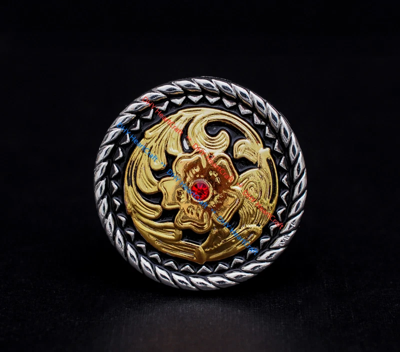 6pc 1-3/8" Western Cowboy Gold Flower Rope Silver Red Crystal HandCraft Conchos - Image 3 of 4