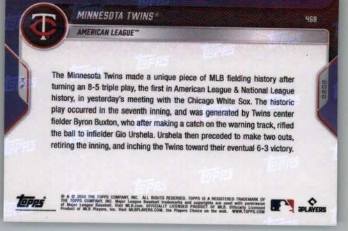 2022 Topps AHORA #468 Byron Buxton Twins PRIMER 8-5 TRIPLE JUEGO EN LA HISTORIA - Imagen 2 de 2