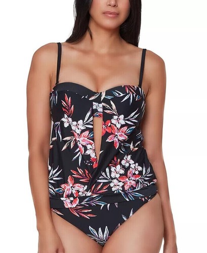 Bar III Women's Size M Tropical Floral Print Cutout Tankini Top Black NwT