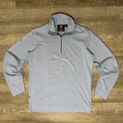 Victorinox Sweater Jacket Men s M Blue Double Elbow Patches Mock Neck 1/4 Zip