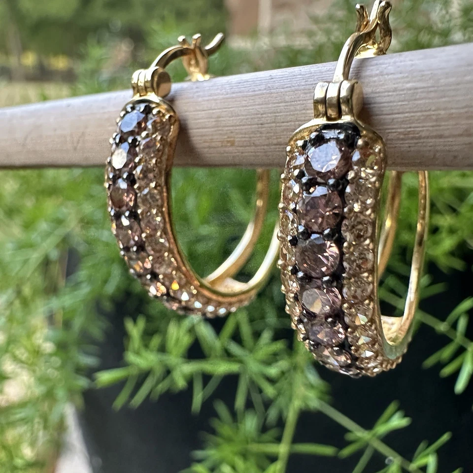 Hoop Earrings 1" Brown Clear Gems Sparkle Yellow Gold Plated 925 Sterling 8.2g - Image 3 of 4