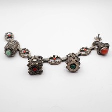 Pulsera De Colección 800 Plata Renacimiento Etrusco Llavero Dije Coral y Cabujones Verdes 8"