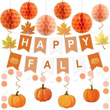 Fall Party Decorations Happy Banner with Honeycomb Balls Pumpkin Maple Leaf